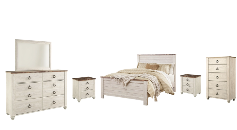 Willowton Queen Panel Bed with Mirrored Dresser, Chest and 2 Nightstands