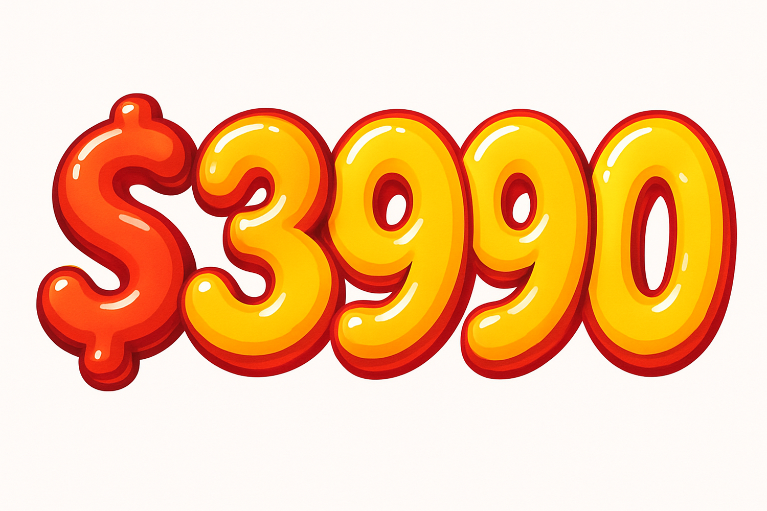 fun bubbly numbers in red and yellow that read $3990