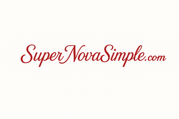 In Bright red cursive SuperNovaSimple.com all on 1 line